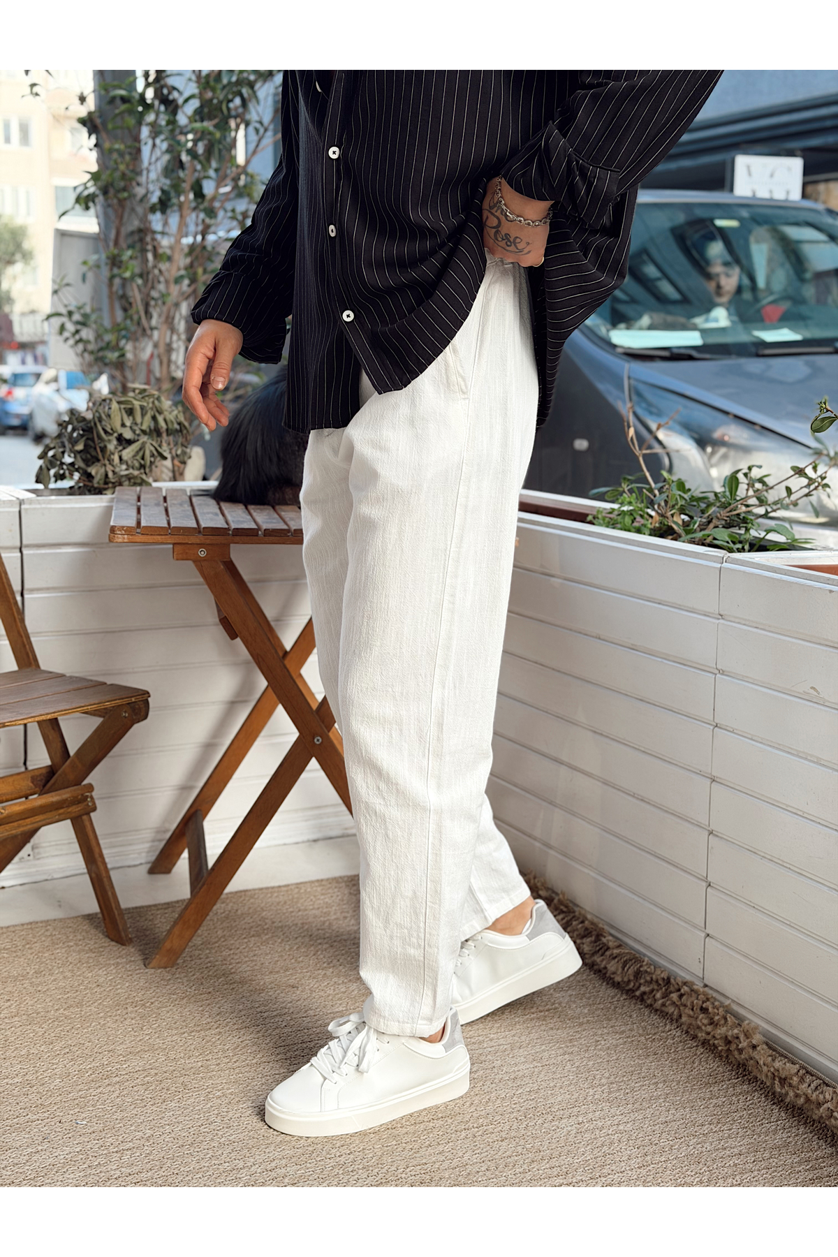 manch collection  İtalyan Kesim Keten Pantolon Beyaz - Görsel 3