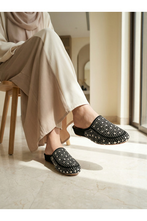 Shoebuo Kadın Siyah Süet Taşlı Ev Terliği Gold Taş Detaylı, Kaymaz ,Sessiz Ta...