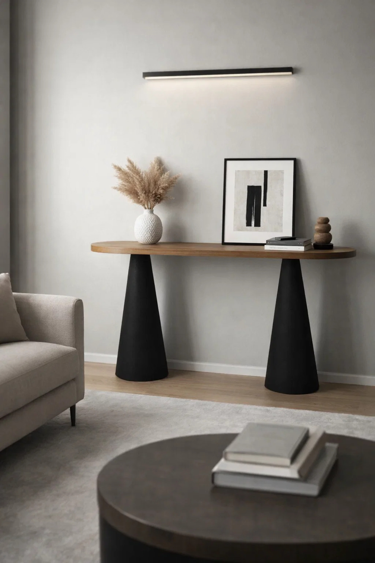 طاولة كونسول بيضاوية عصرية من الخشب الأسود والبني،...