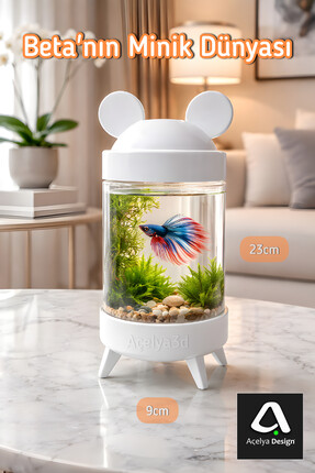 açelya3d Beta Mini Cam Akvaryum Betta Fanus Mickey Mause Şık 3d Tasarım Beyaz...