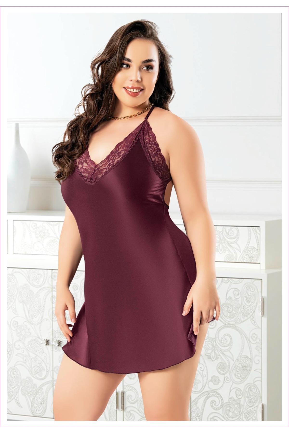 Dynamic Saten Dantelli Büyük Beden Gecelik