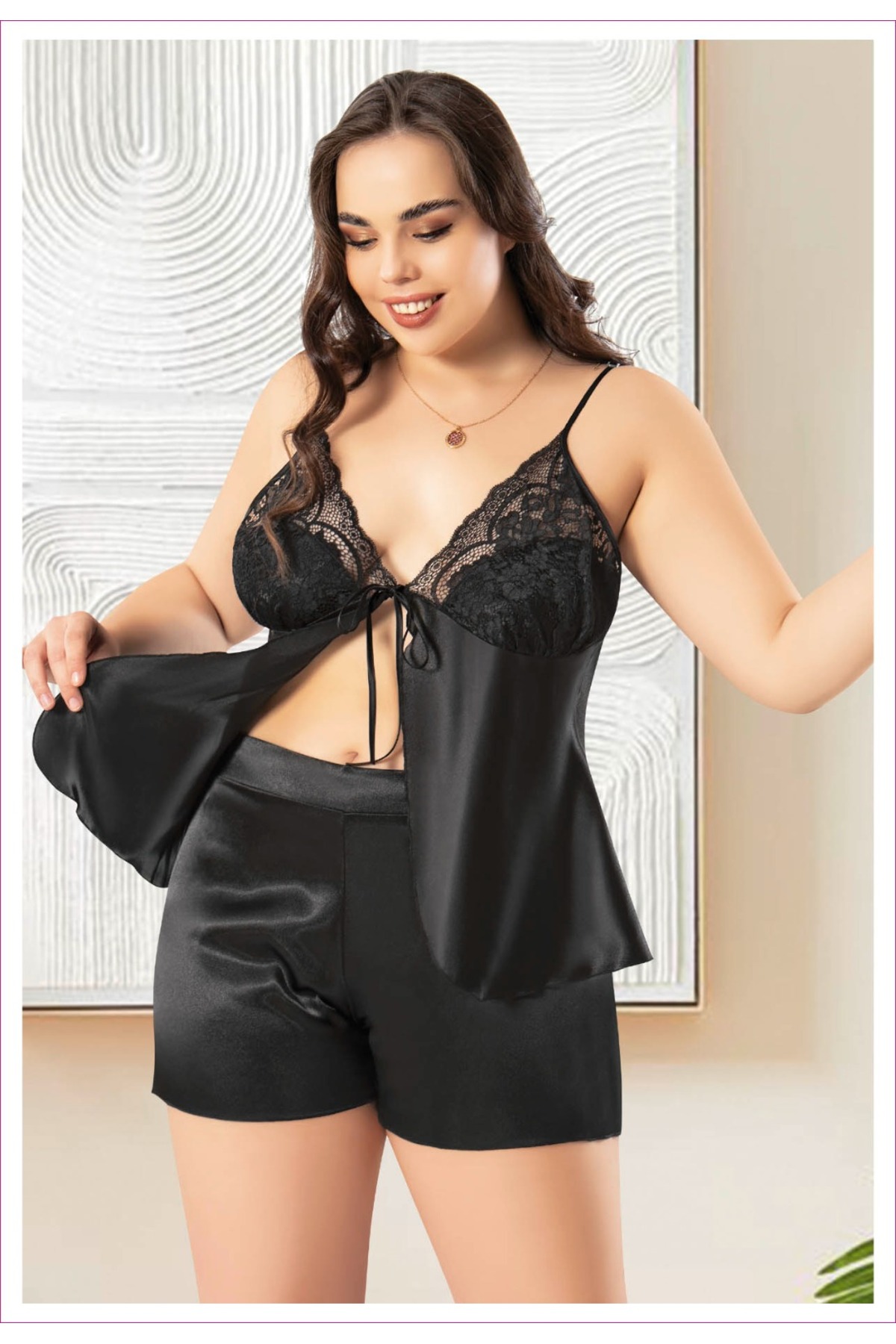 Dynamic Saten Gecelik Dantelli Büyük Beden Önden Bağlamalı