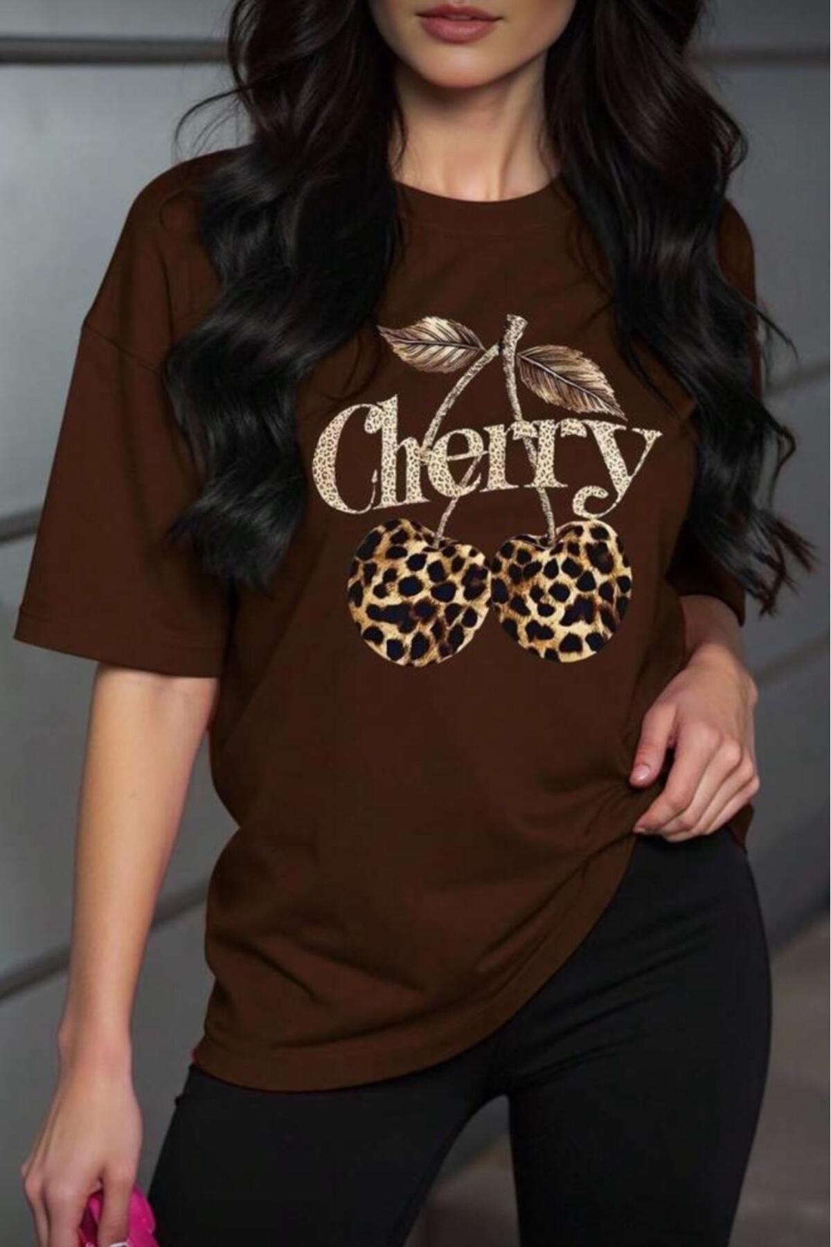 Gold Cherry Women's Oversize Front Printed Crew Neck Cotton T-Shirt Casual Cut