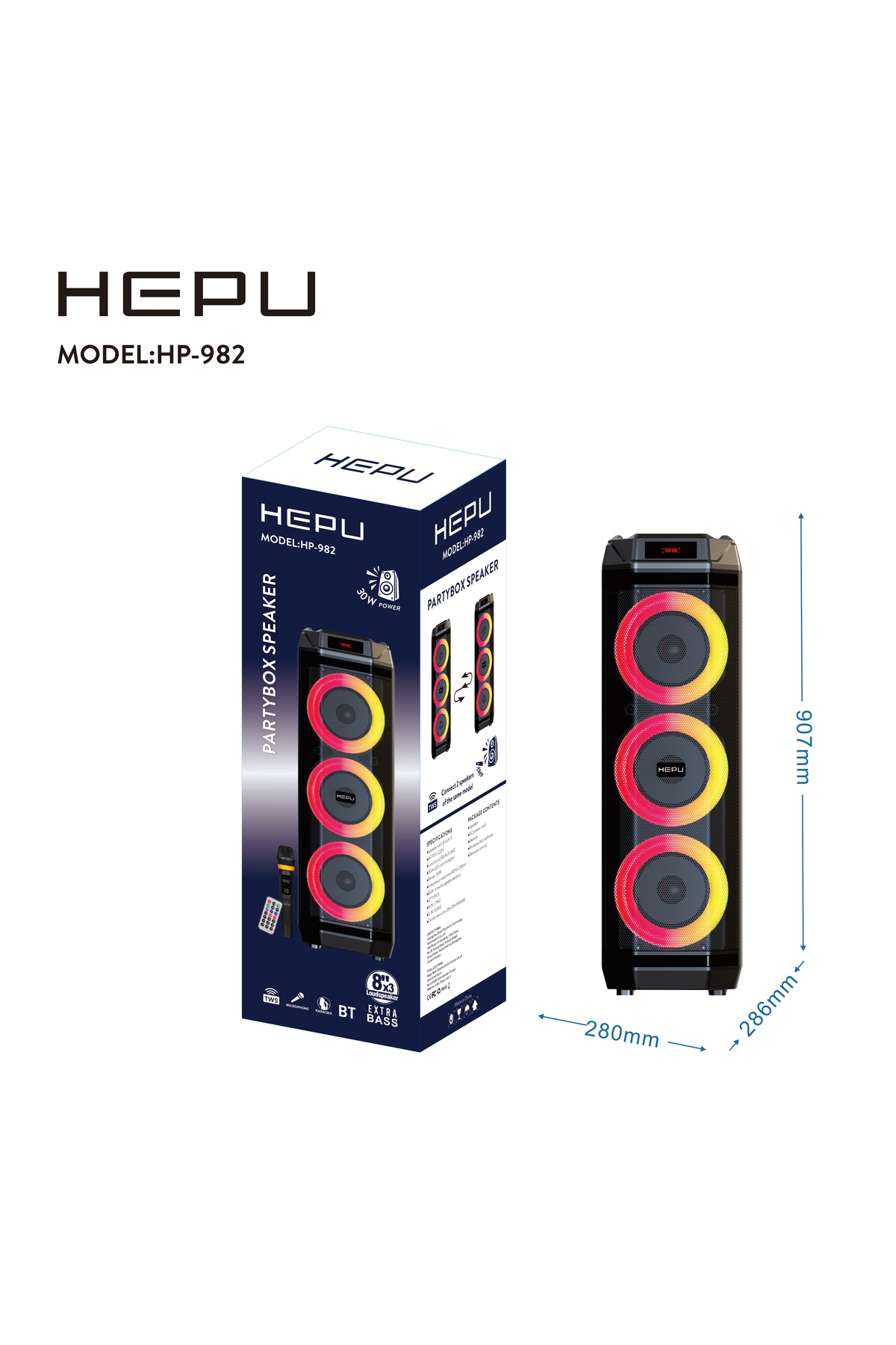 HEPU HP-982 Partybox Bluetooth Hoparlör – 3×8” Hoparlör, 30W Güç