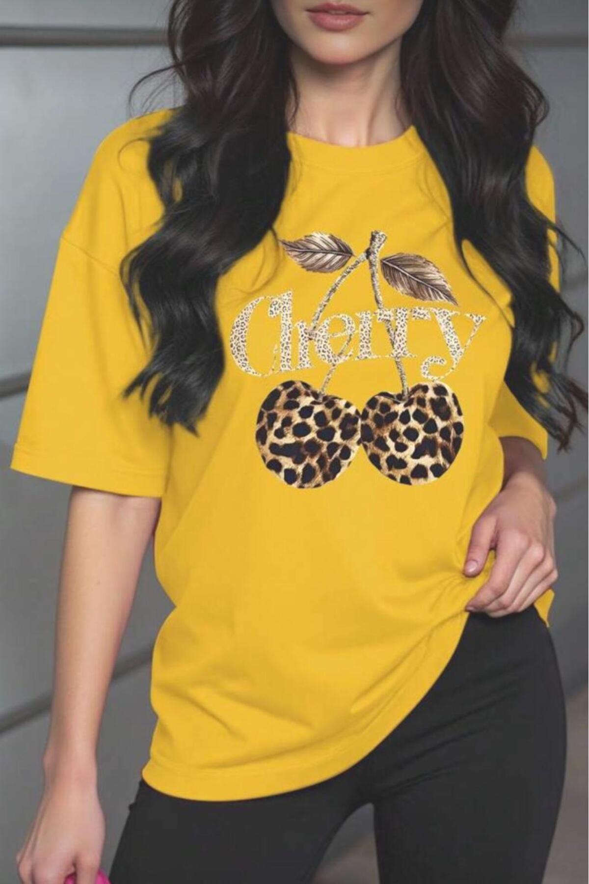 Gold Cherry Women's Oversize Front Printed Crew Neck Cotton T-Shirt Casual Cut