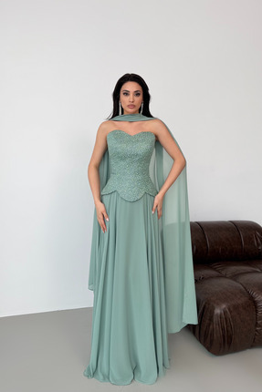 Serica Moda Mint Taş İşlemeli Şifon Etekli Şal Detaylı Abiye Elbise