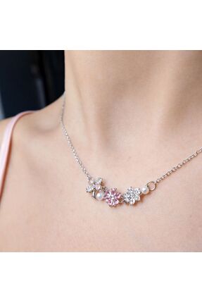 stainless steell pembe çiçek detaylı romantik çelik kolye