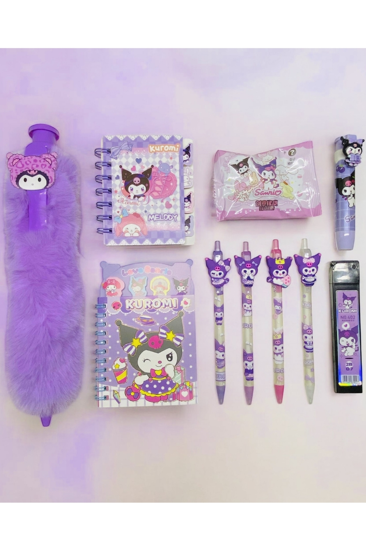KURUMICCO 2個×3セット ÖZ OFİS Kuromi Set 30cm Tüylü Tükenmez Kalem - Not & Sticker