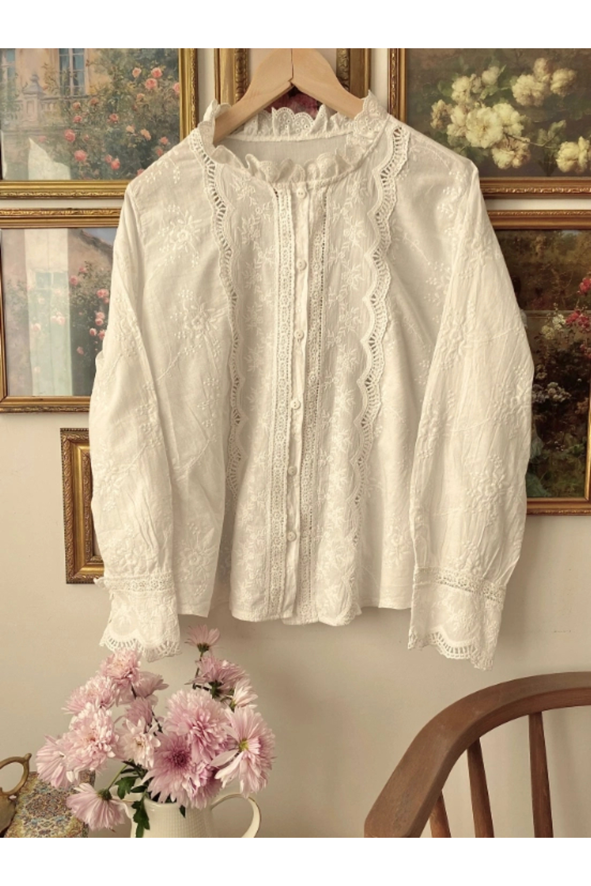 MetuCA  Kadın Bej Fisto İşlemeli Dantel Garnili Hakim Yaka Pamuklu Pinterest Gömlek Bluz - Görsel 3