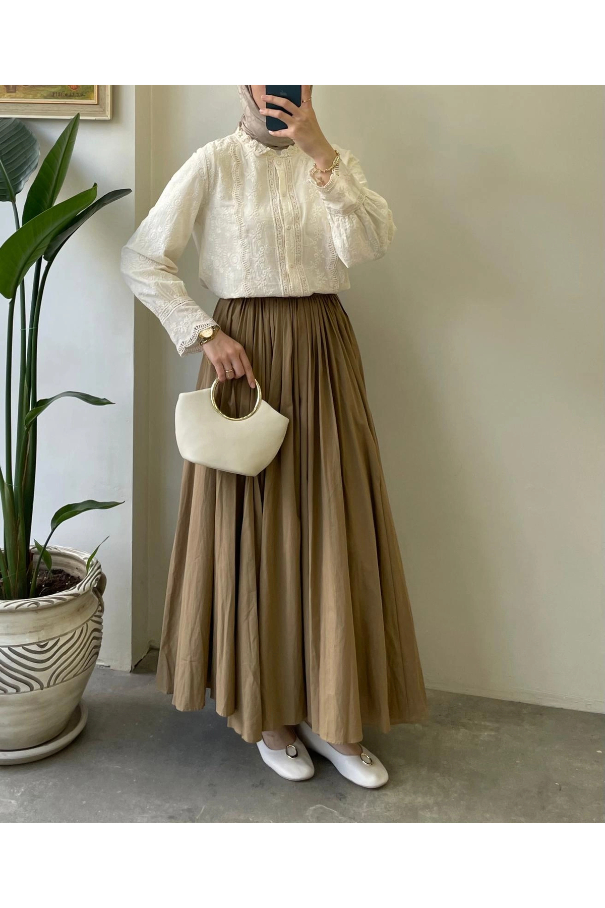 MetuCA  Kadın Bej Fisto İşlemeli Dantel Garnili Hakim Yaka Pamuklu Pinterest Gömlek Bluz - Görsel 9