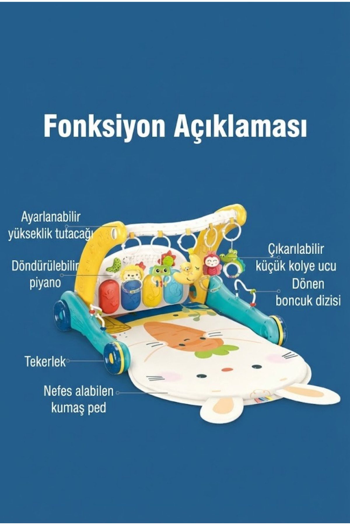 craftivio 2'si 1 Arada Piyanolu Bebek Oyun Halısı ve İlk Adım Arabası - Işıklı Müzikli Tavşanlı Yürüteç fotoğrafı 5 (önizleme)