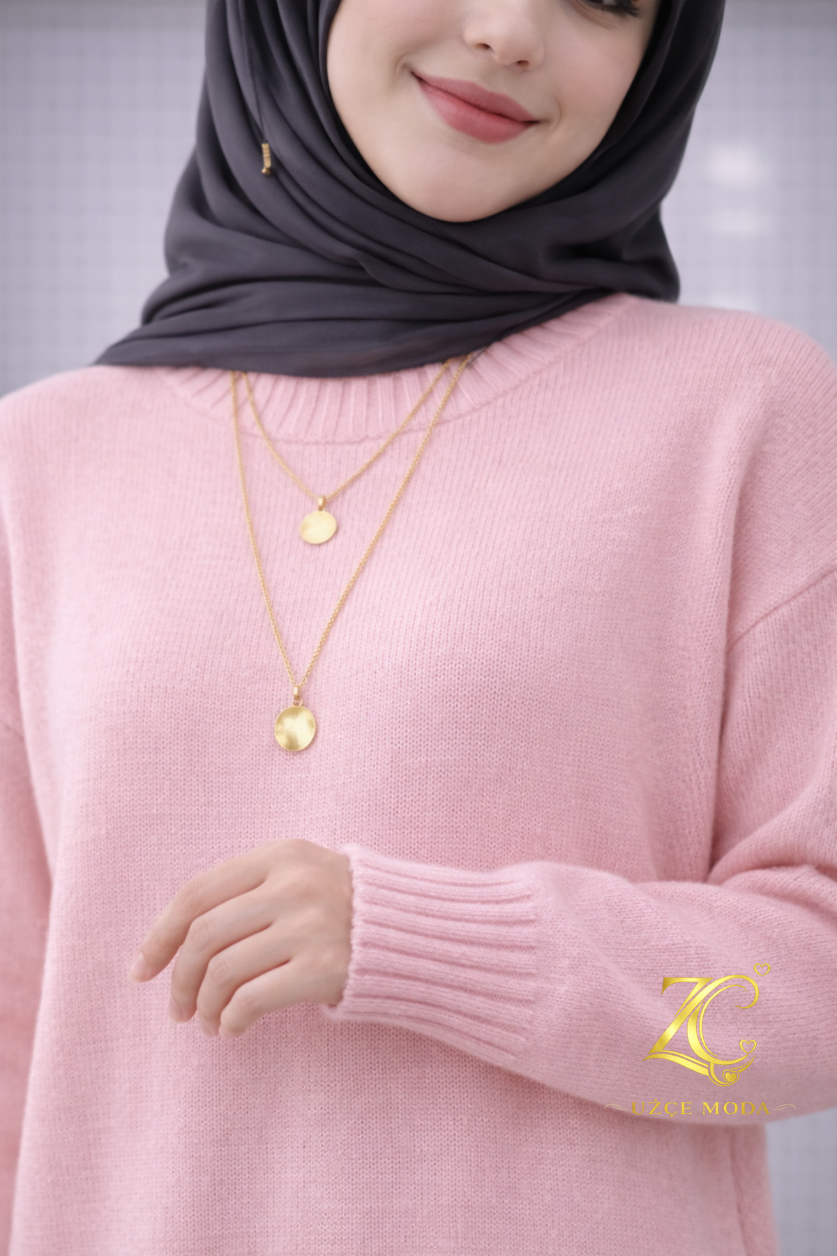 UZÇE MODA  Pembe Renk Bisiklet Yaka Oversize Triko Kazak Tunik - Görsel 4