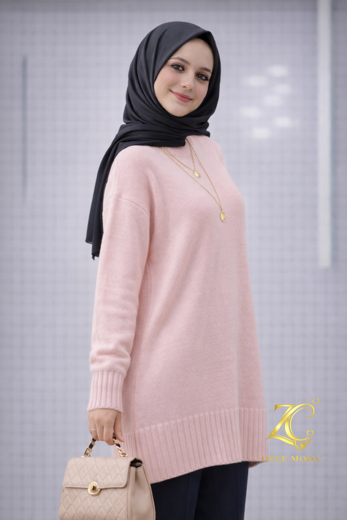 UZÇE MODA  Pembe Renk Bisiklet Yaka Oversize Triko Kazak Tunik - Görsel 2