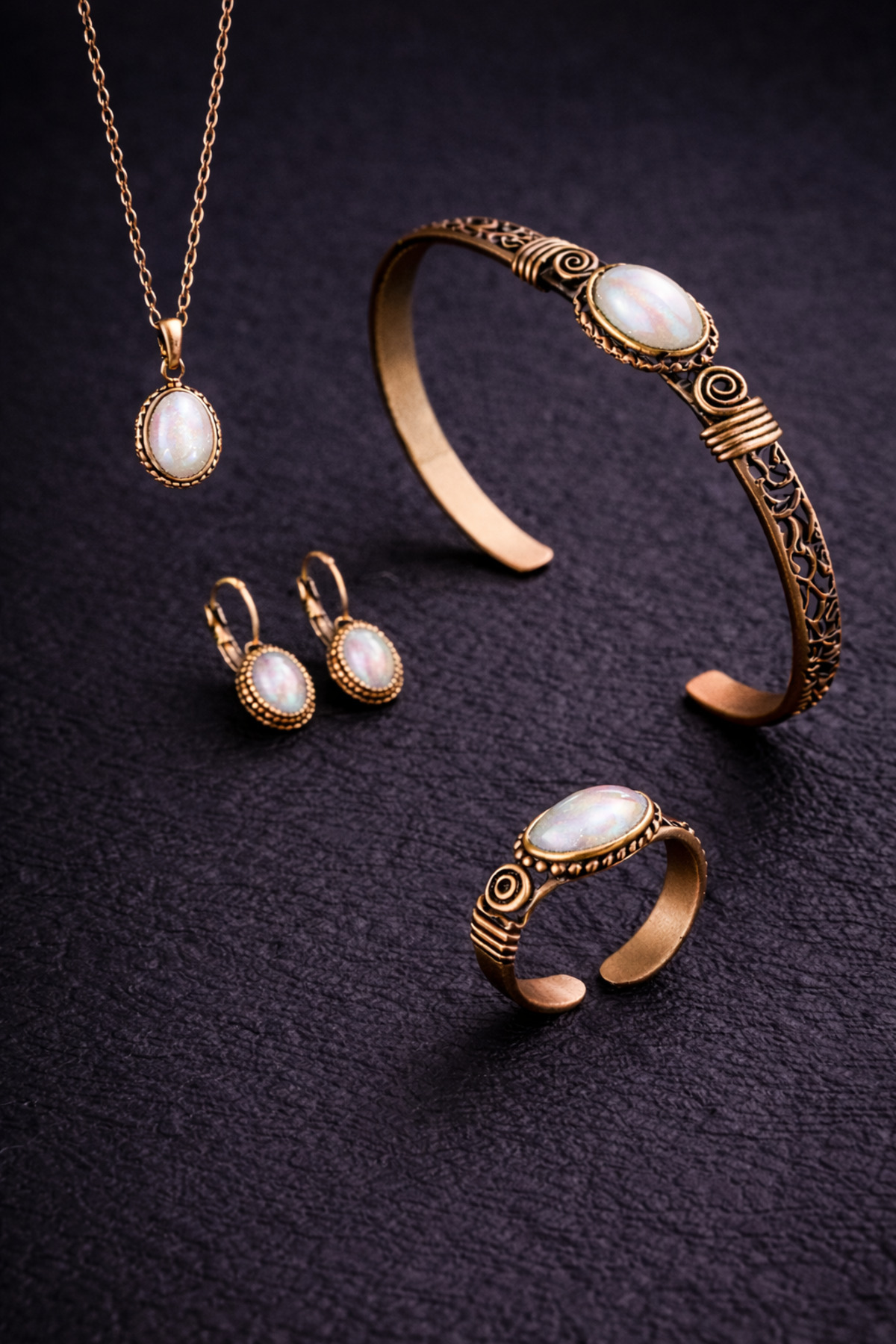 Women's Copper Bracelet Necklace Ring Earrings Set Pure Copper Set with Natural White Gemstone
