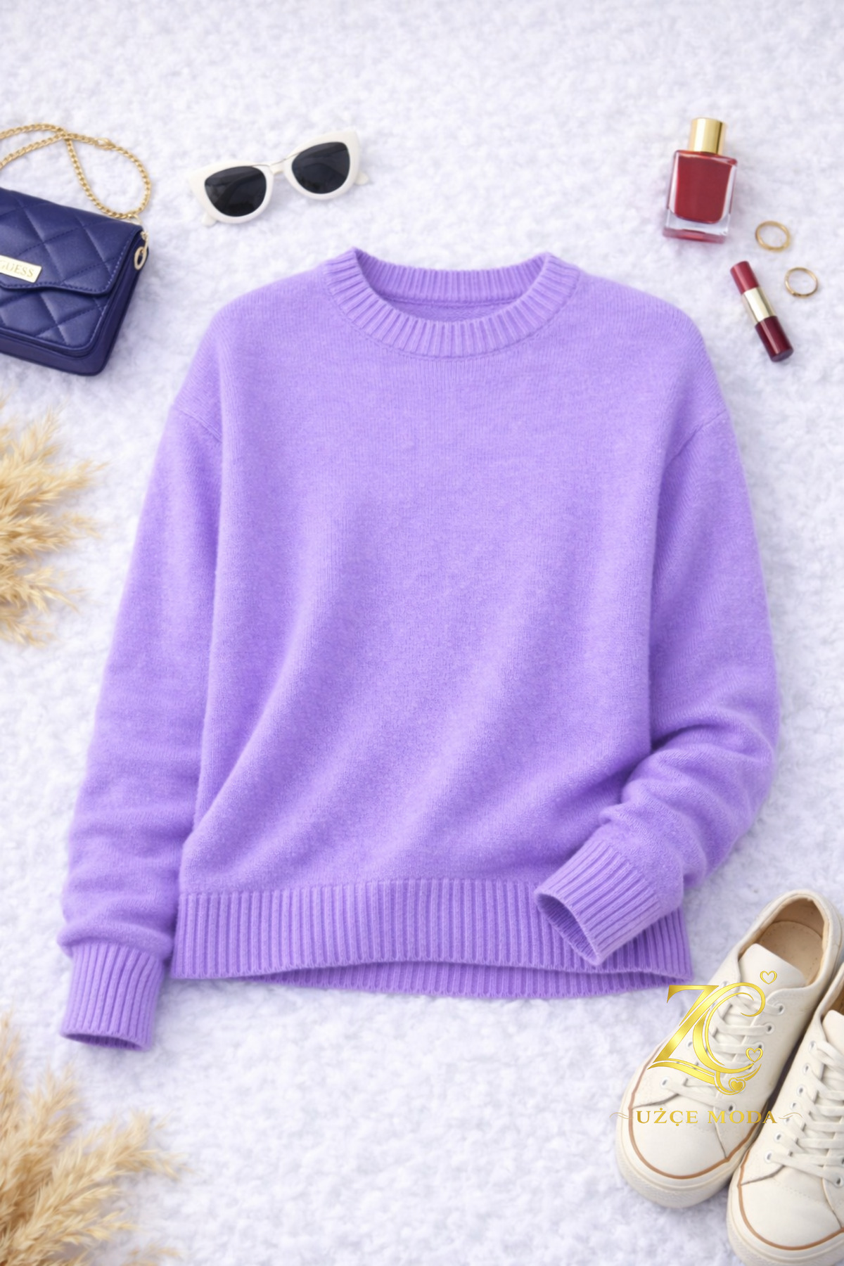 UZÇE MODA  Premium Lila Renk Bisiklet Yaka Oversize Kadın Triko Kazak - Görsel 5