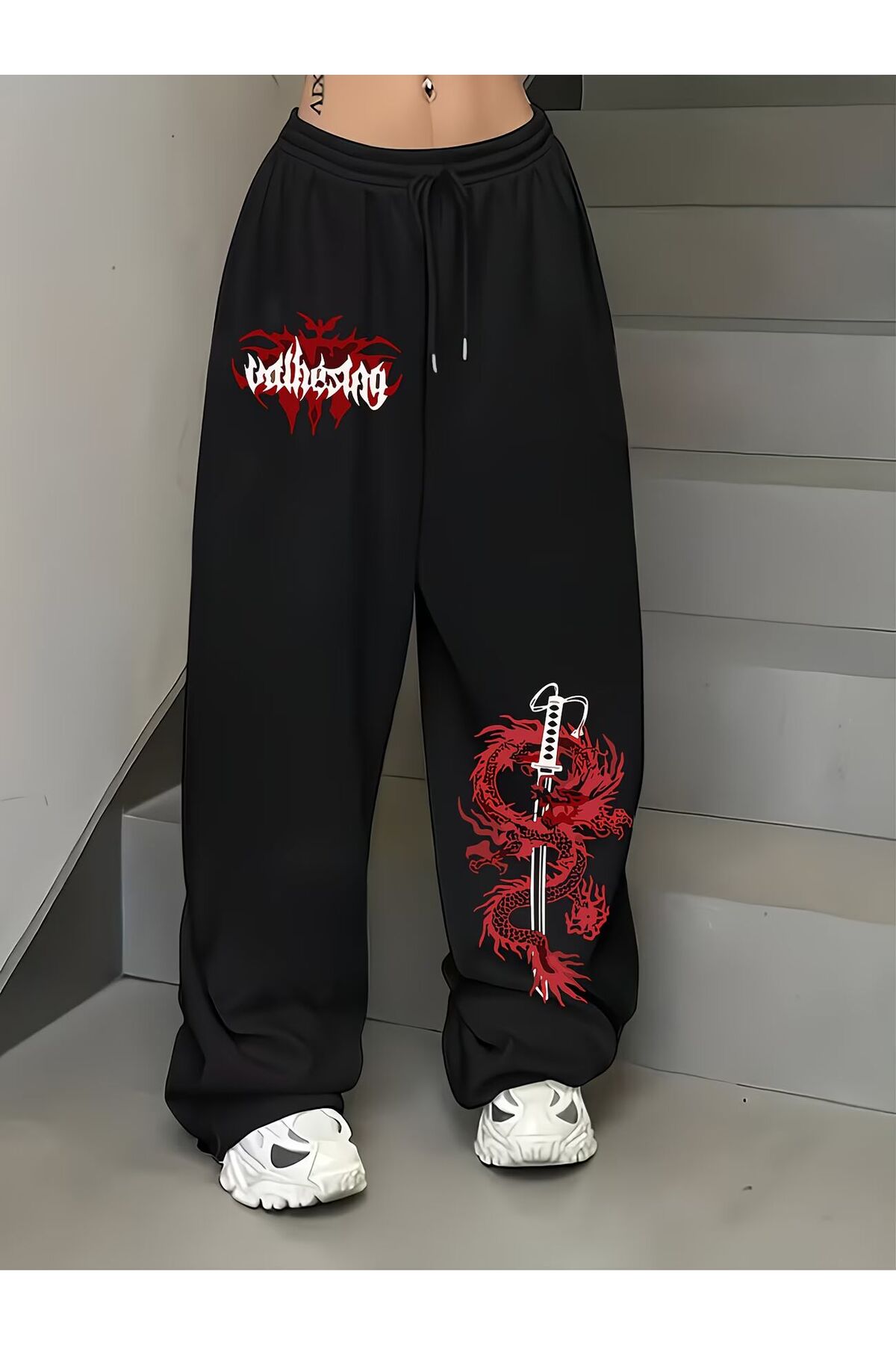 macklin Unisex Ejderha Kılıç BaskılıBaggy Kesim Geniş Paça Eşofman Altı