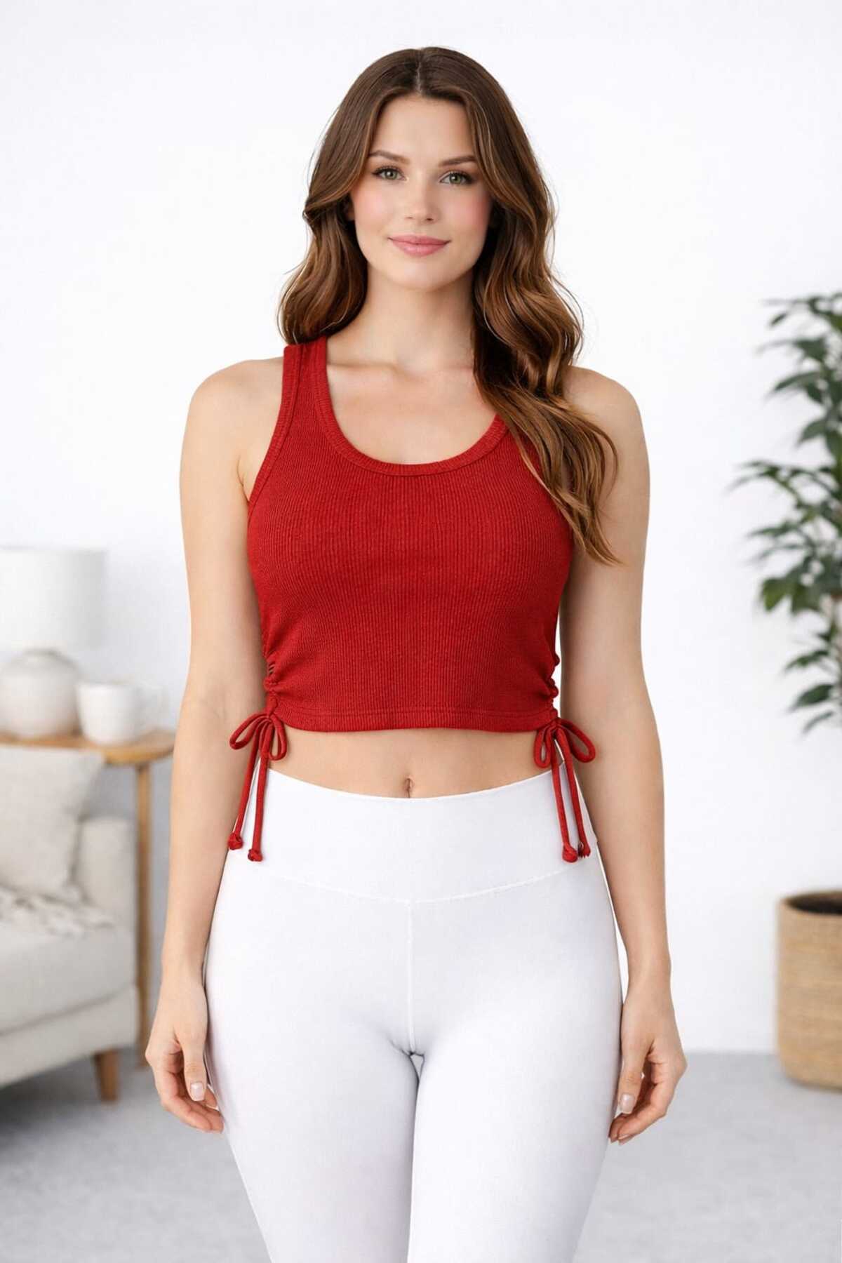Women's Cotton Strappy Crop Bustier Fit Blouse with Window Detail Red