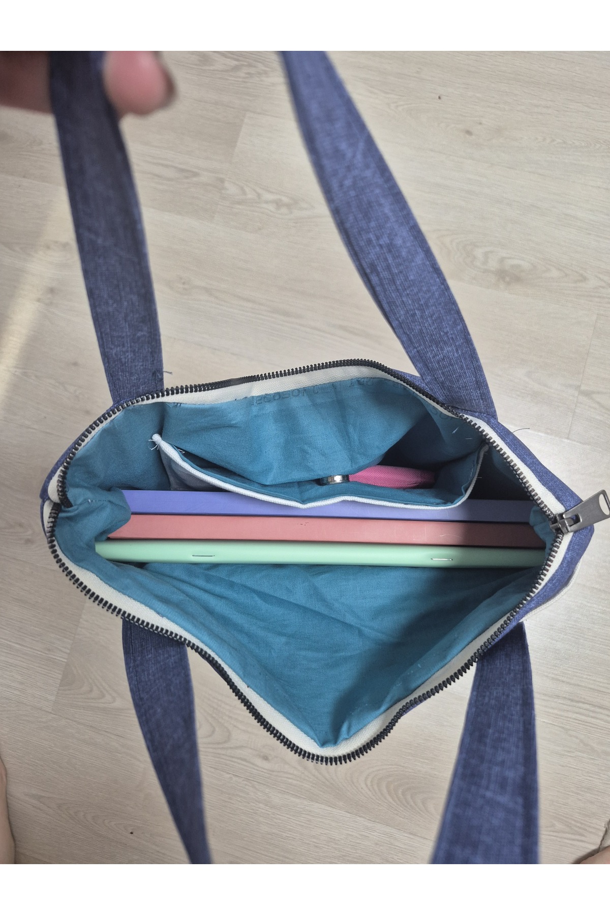 Calliopia  Venüs'ün Doğuşu Laptop Tote Kitap El Çantası Mavi Kot Kumaş 3 Gözlü Unisex Kadın/ Erkek - Görsel 3