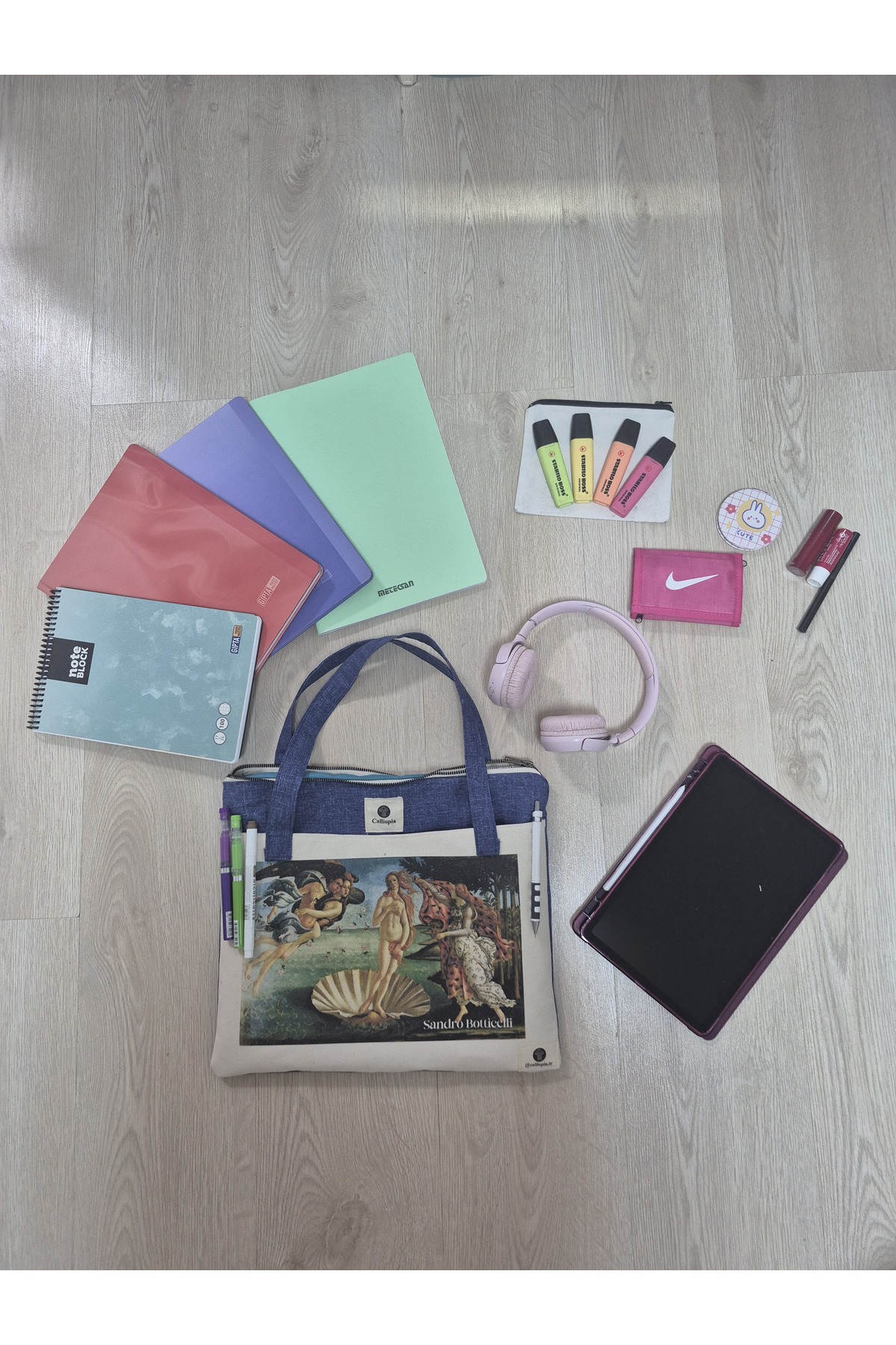 Calliopia  Venüs'ün Doğuşu Laptop Tote Kitap El Çantası Mavi Kot Kumaş 3 Gözlü Unisex Kadın/ Erkek - Görsel 2