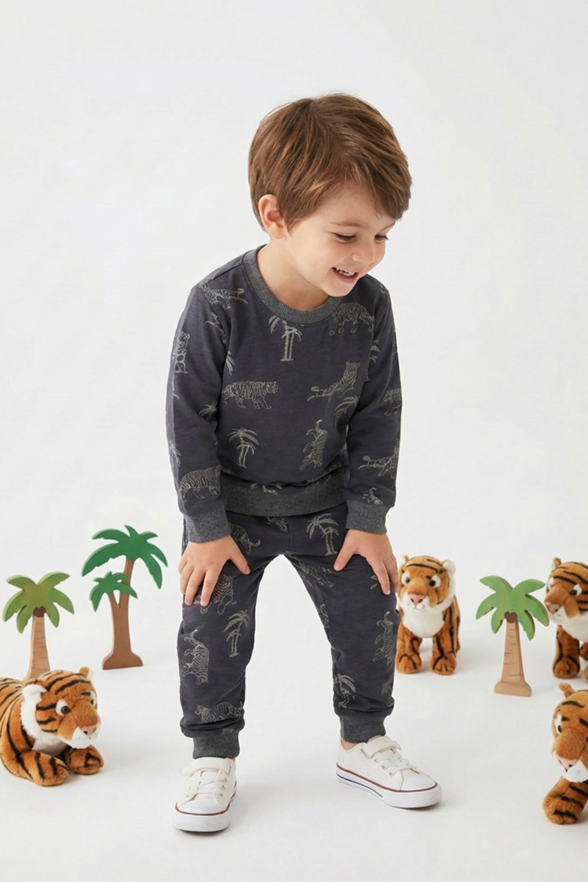 DAPSEE Erkek Çocuk Hayvan Figürlü Pijama Takımı Füme – Pamuklu, Uzun Kollu Alt Üst fotoğrafı 3 (önizleme)