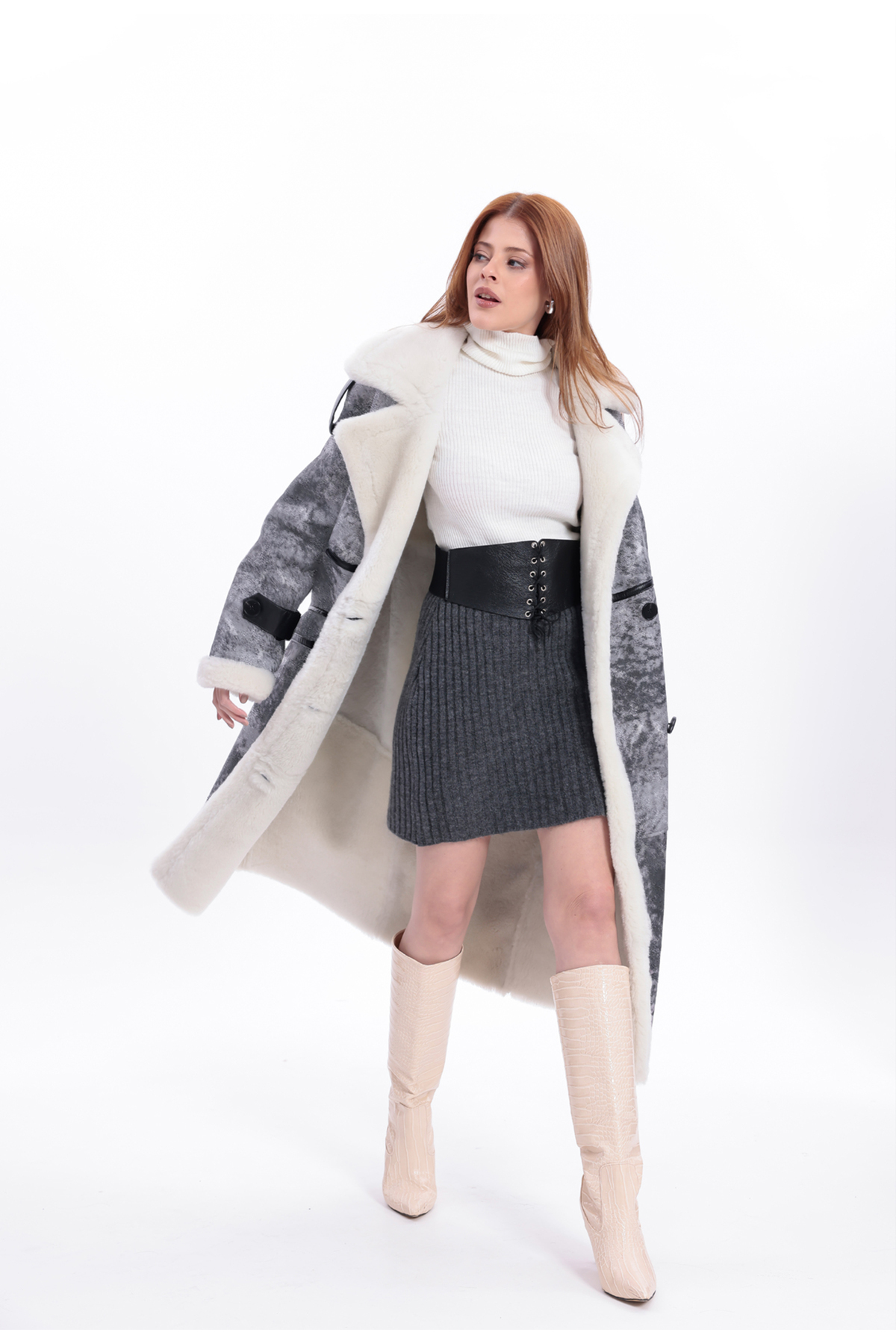 M M Marki Marki Kadın Hakiki Deri Uzun Palto Gri Eskitme Oversize Kruvaze Düğmeli içi Kürklü 115 cm - 119522 görsel 4