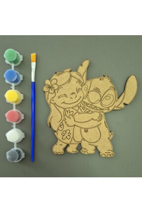 Atakron Ahşap Boyama Seti - Bluey, Stitch Figürlü 6 Renk Boya ve Fırça Hediye