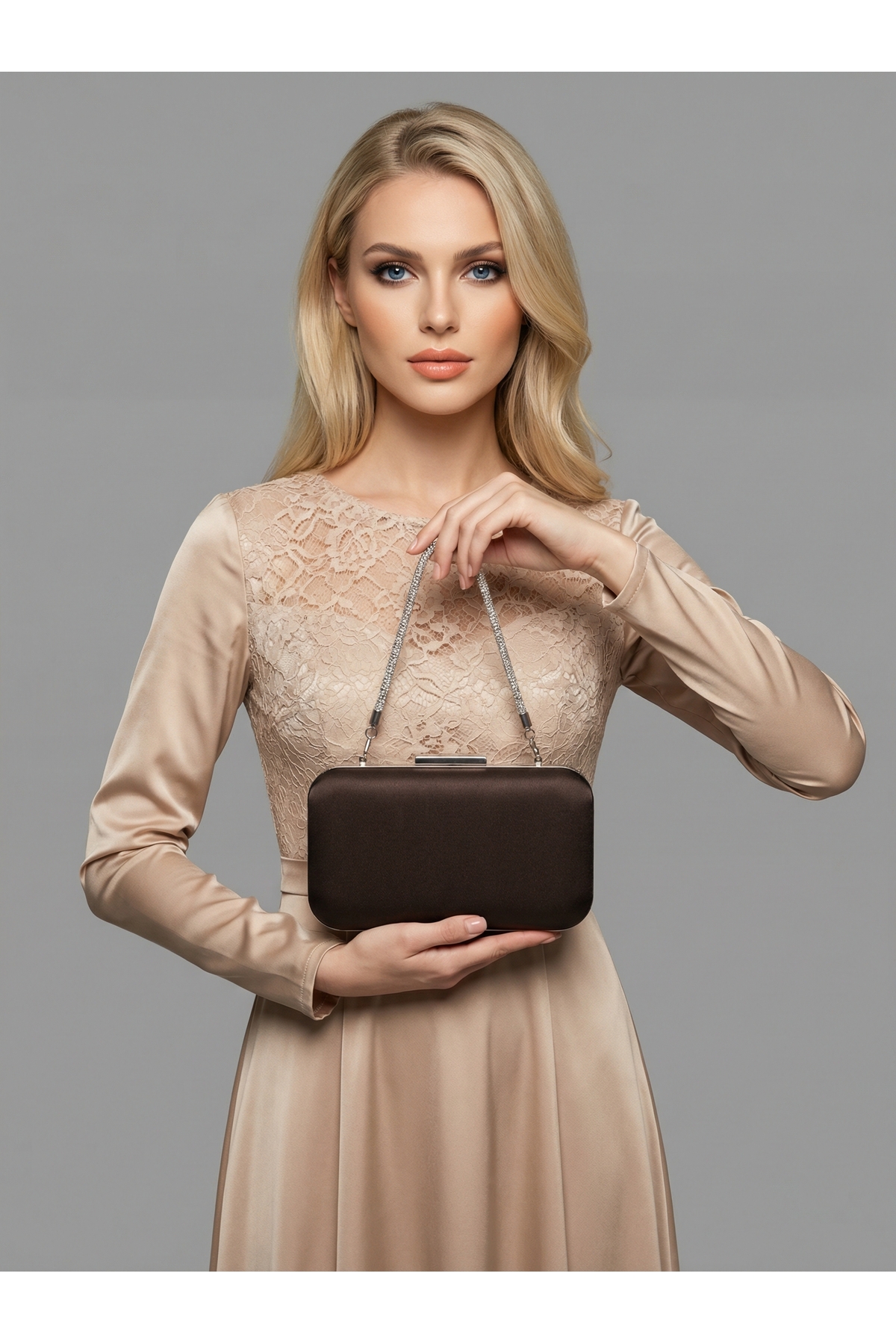 Brown Z.A.R.A. Satin Silver Detail Crystal Stone Chain Women Evening Dress Bag Wedding Engagement Graduation