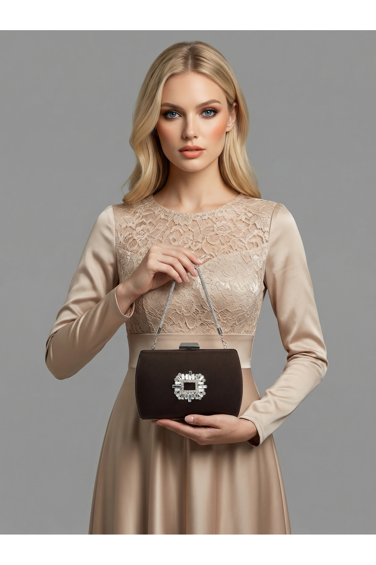 Brown Z.A.R.A. Satin Crystal Stone Embroidered Chain Women Evening Bag Wedding Engagement Graduation