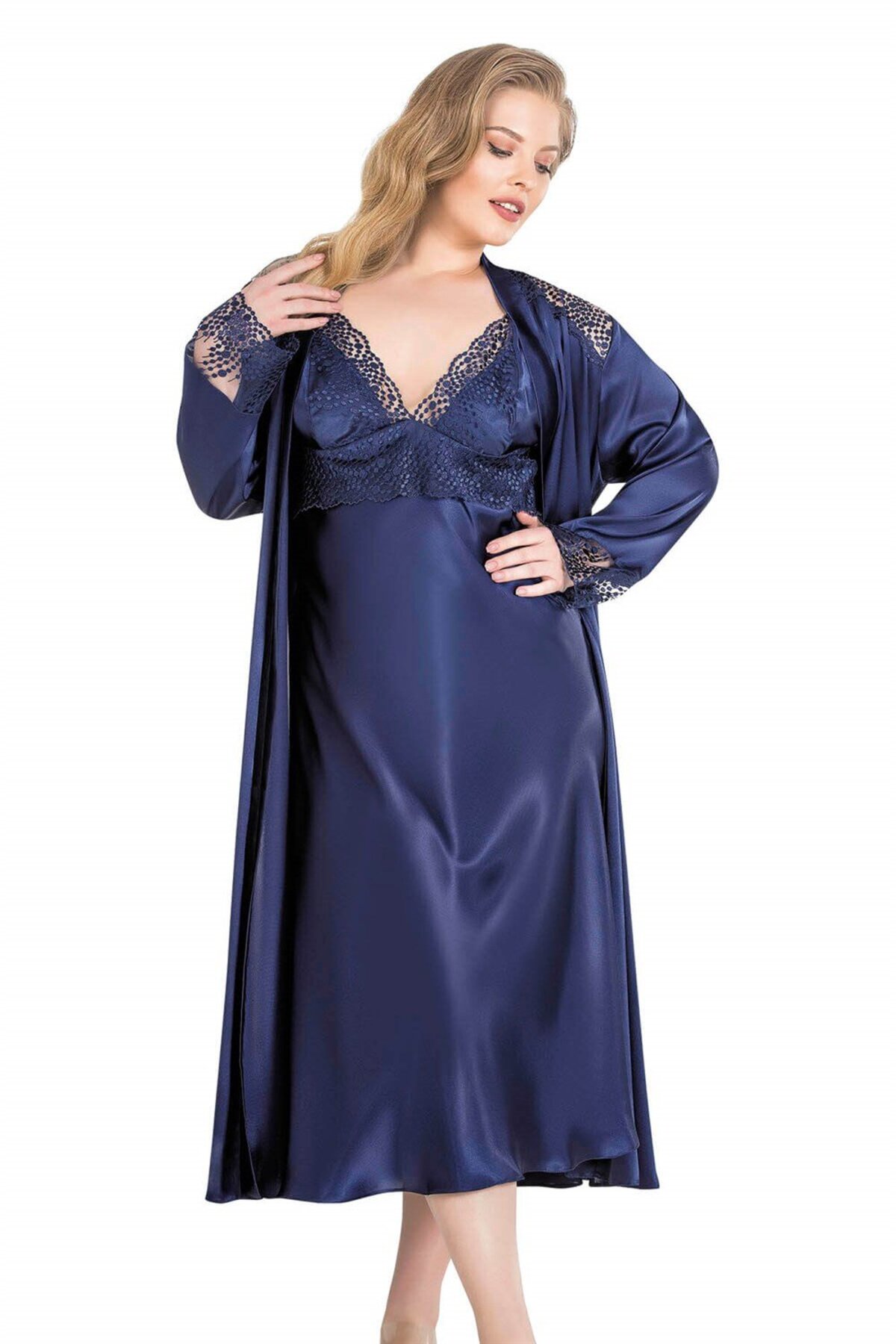 Slendos Kadın, Büyük Beden, Lacivert, Uzun, Saten, 2'li Gecelik Takım