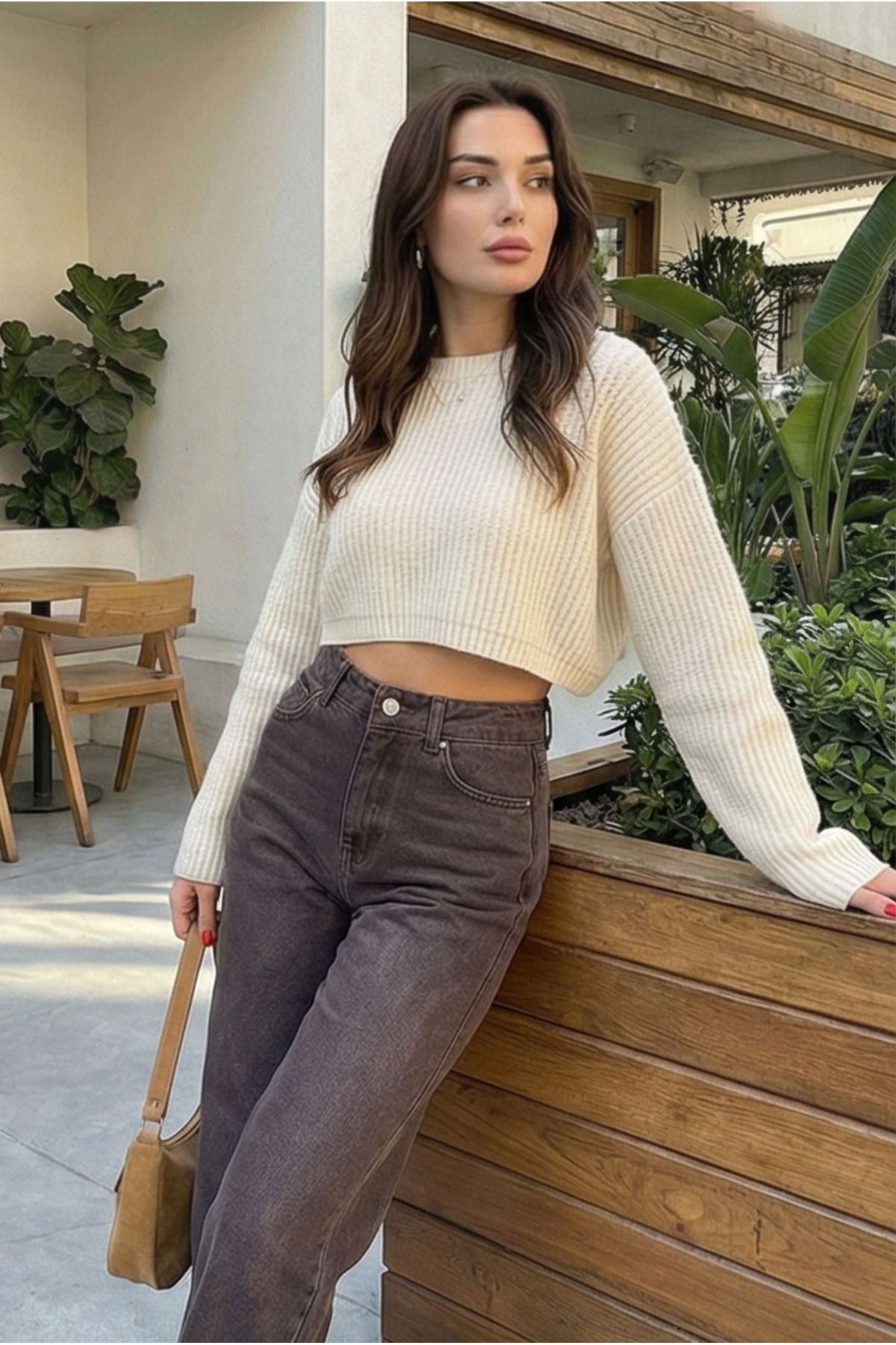 Vovikon  Kahverengi Taşlamalı Denim Bol Paça Jean - Görsel 5