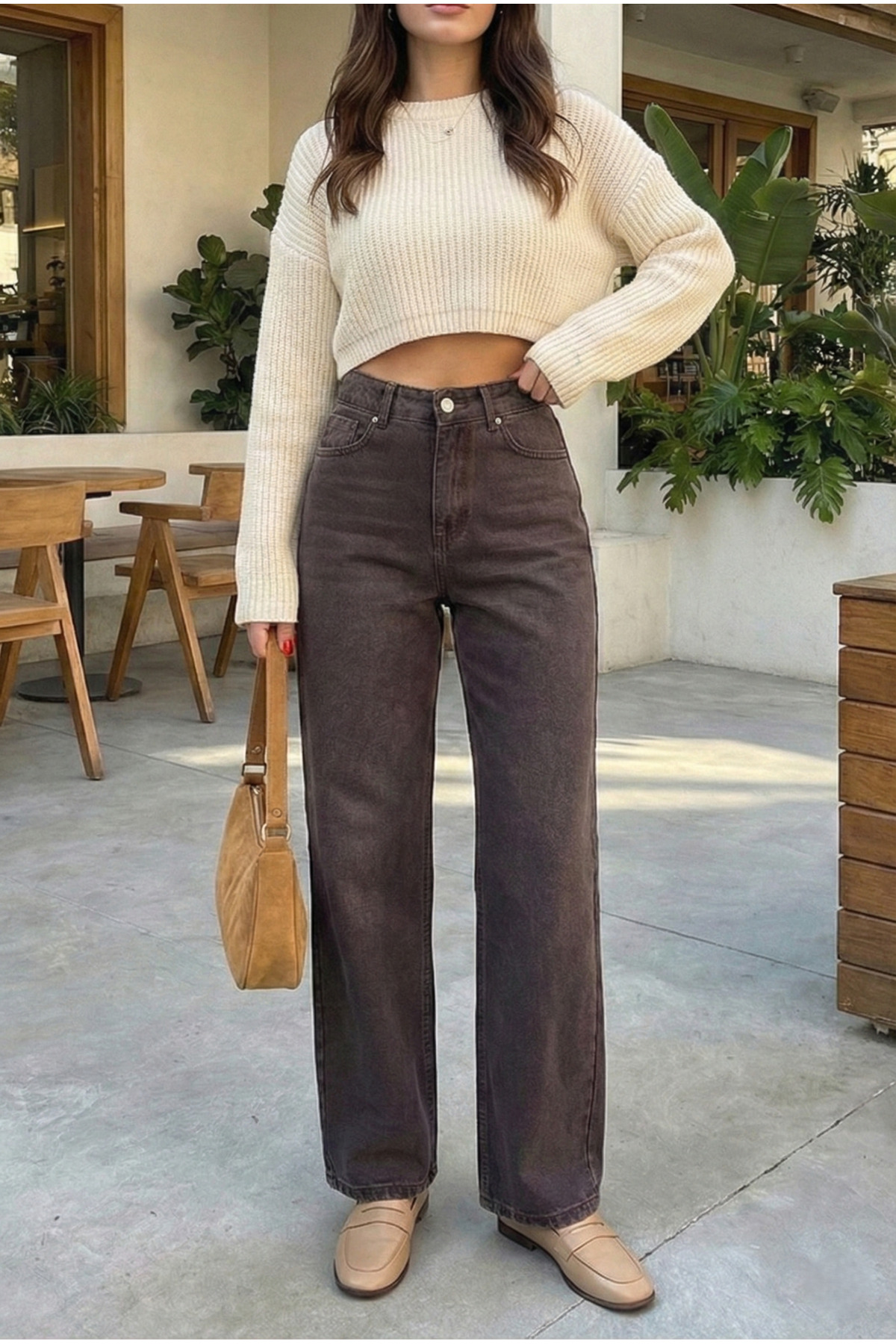 Vovikon  Kahverengi Taşlamalı Denim Bol Paça Jean - Görsel 2