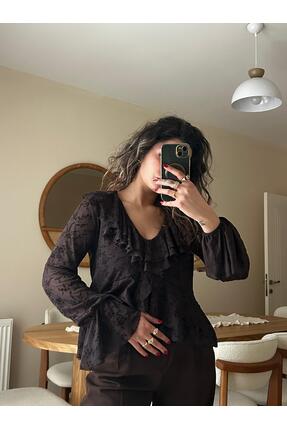 SoulWear Butik Kadın Fırfır Detaylı Kolları Volanlı Tül Bluz