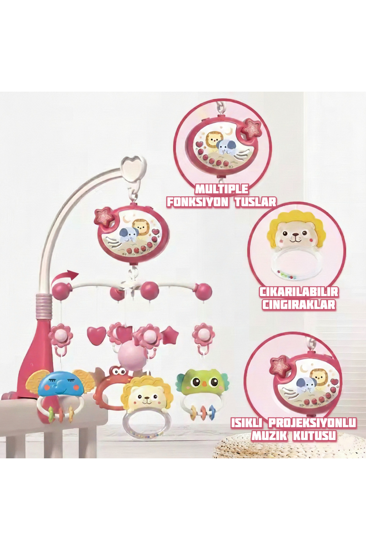 MJ TOYS Işıklı Müzikli Uzaktan Kumandalı Dönence Projektörlü Dönence Oyuncak Beşik Bebek 360° Dönebilir fotoğrafı 4 (önizleme)