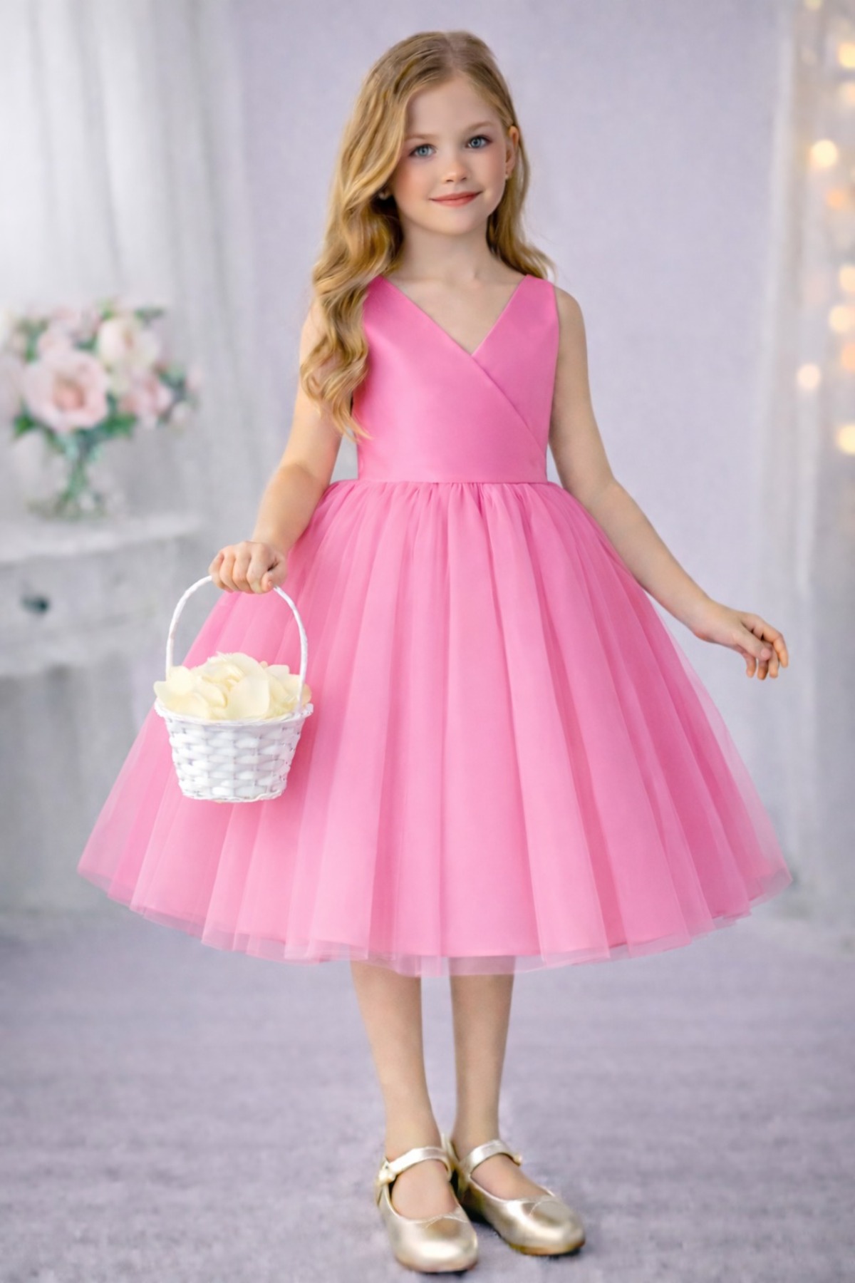 SUNEH Sare Model Kız Çocuk Şeker Pembe Anvelop Yaka Mini Sade Eteği Kabarık Balo & Doğum Günü Elbise