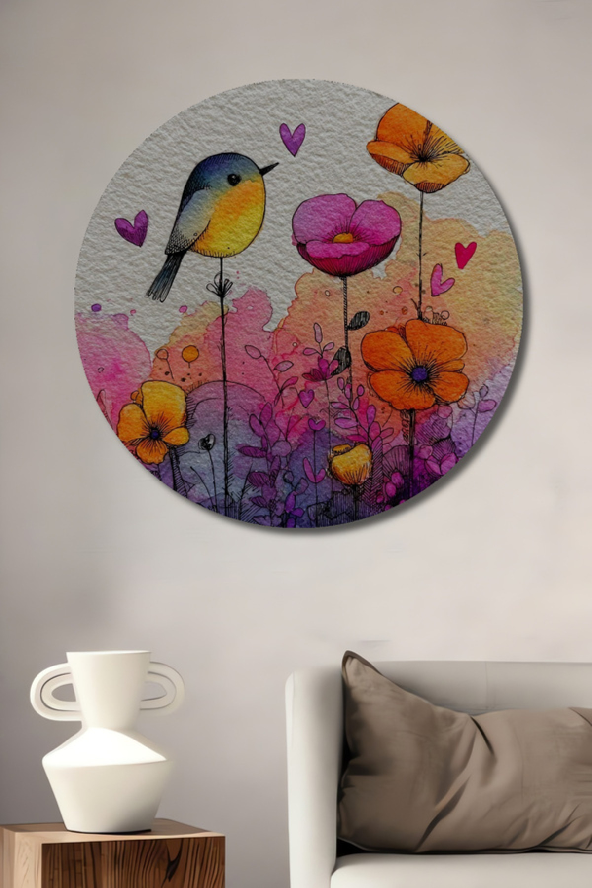 Colorful Bird Flower Garden Wooden Decorative Table Round Wall Table with Watercolor Look