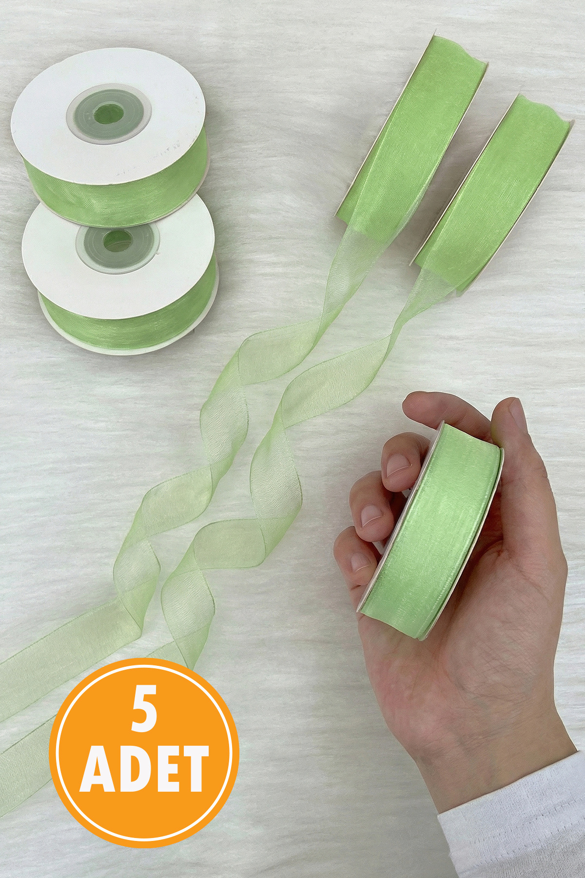 5 Organza Tulle Ribbon Peanut Green 2 cm 22 mt, Bundle, Dowry, Gift, Packaging, Decoration, Wedding