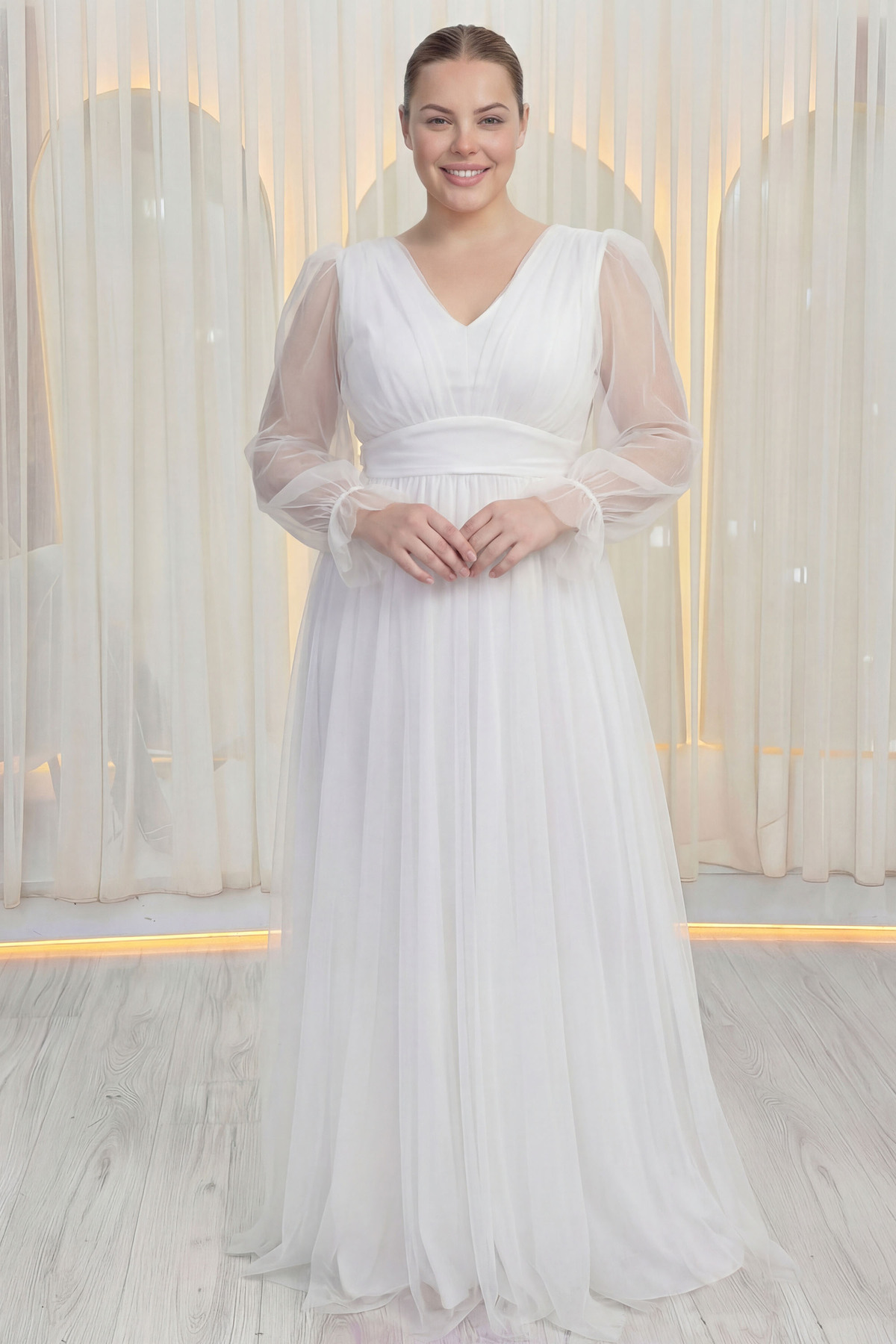 トップス kishidamiki tec tulle dress the ZKS Kadın V Yaka Tül Abiye Elbise Beyaz, Siyah - Fiyatı