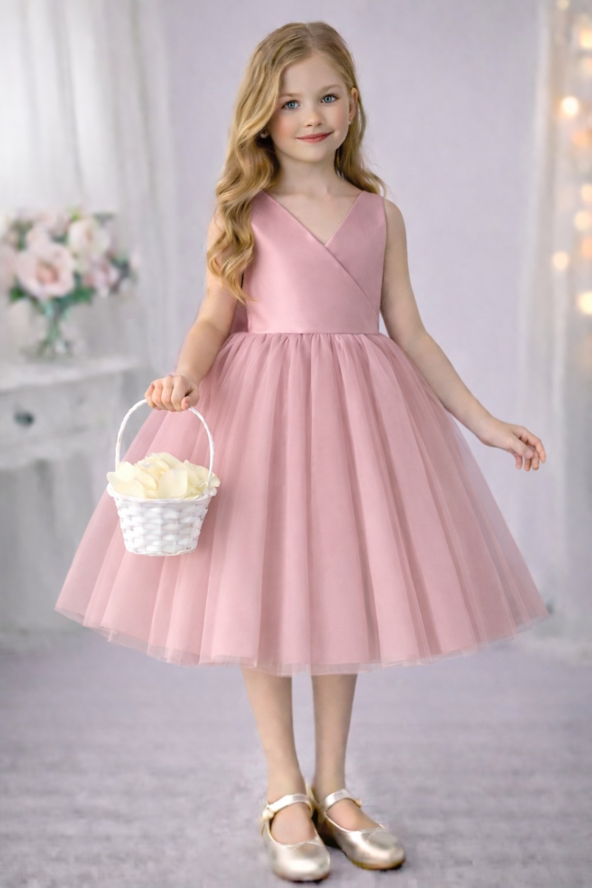 SUNEH Sare Model Kız Çocuk Pudra Pembe Anvelop Yaka Mini Sade Eteği Kabarık Balo & Doğum Günü Elbise