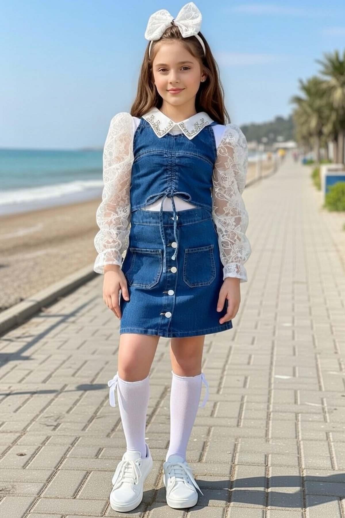 Girl Detachable Stone Detailed Collar Sleeves Lace and Transparent Tulle Blouse and Jean Skirt Set