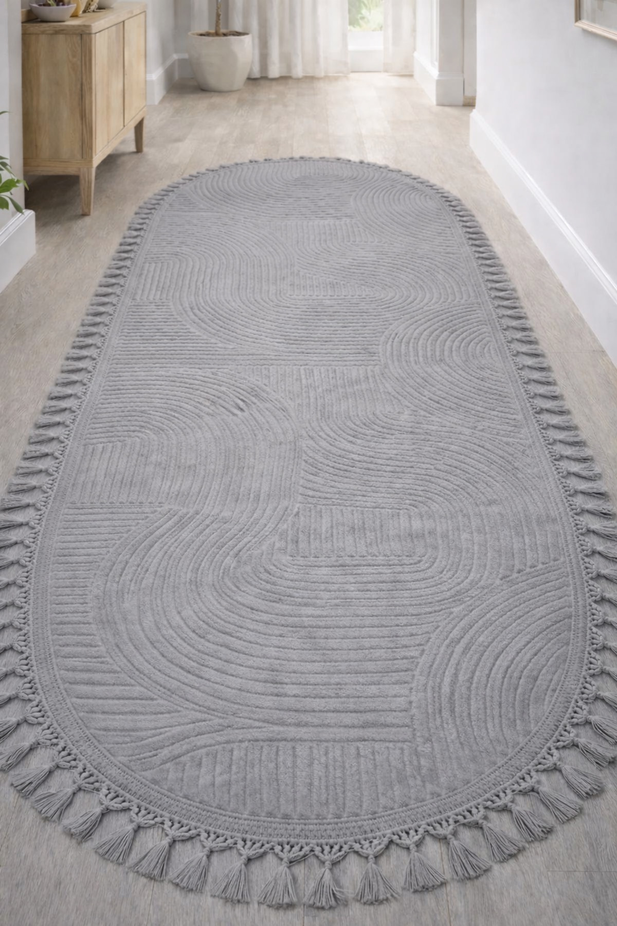 Relief Oval Knit Fringed Joy Anti-Slip Washable Living Room Kitchen Corridor Runner Carpet Rug GRAY