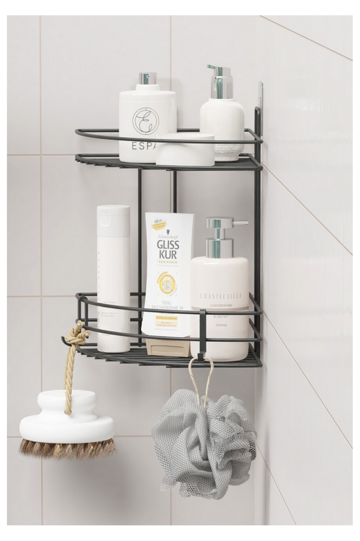 Yapışkanlı 2 Katlı Duvar Banyo Düzenleyici Organizer Raf Duş Şampuanlık Siyah Banyo Organizatörü