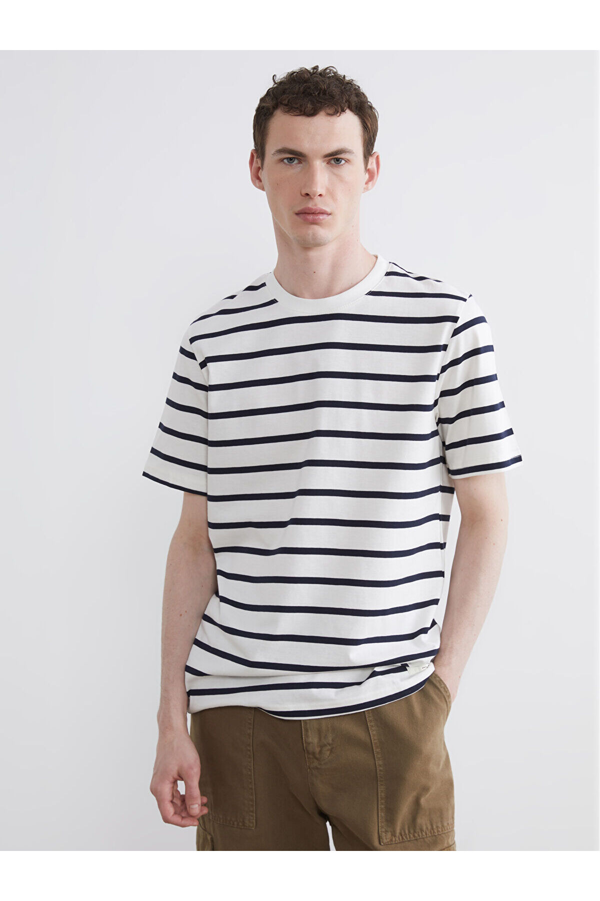 LC Waikiki Navy Blue Crew Neck Striped Combed Cotton Men's T-Shirt