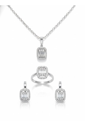 Adenia Silver "Modern Baget" Kare Halo Gümüş 3'lü Set
