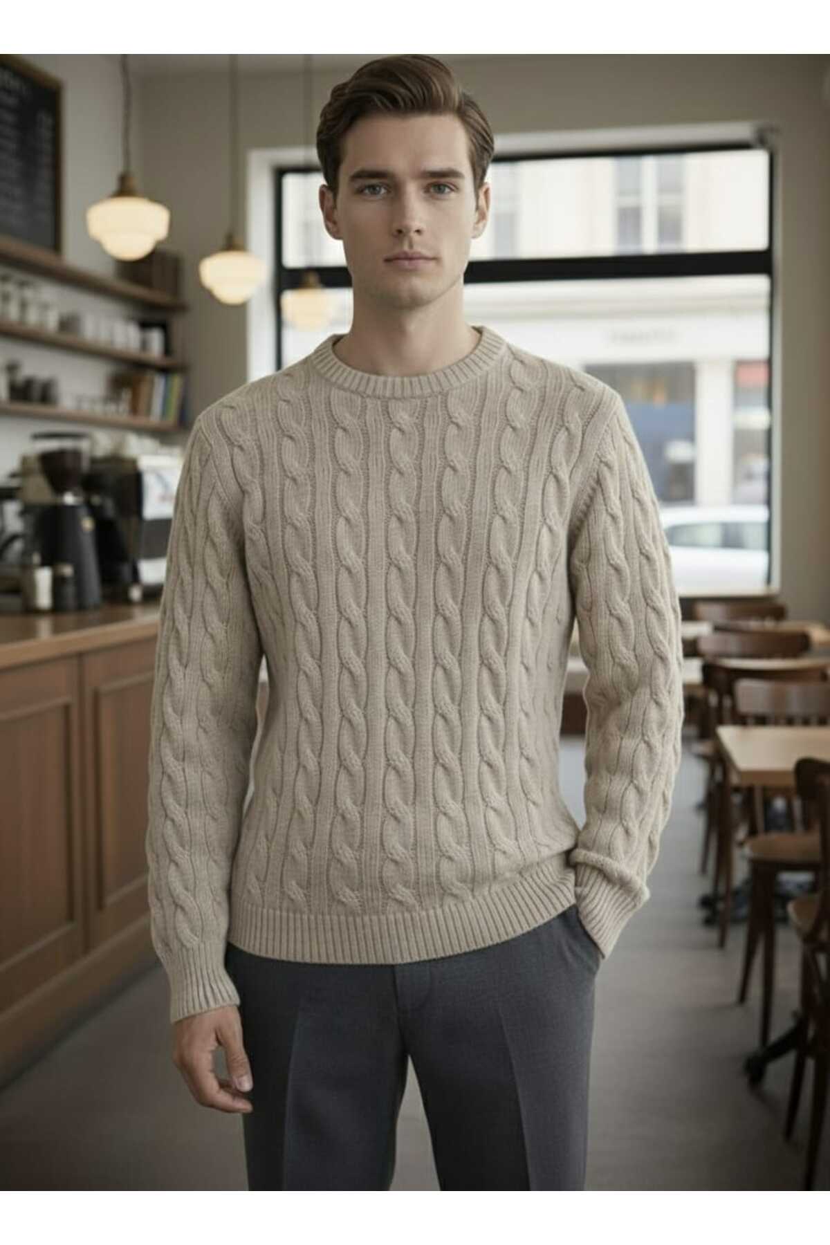 citystyle  Erkek Triko Kazak Vizon Uzun Kollu Saç Örgülü Yuvarlak Yaka Yumuşak Kışlık Günlük