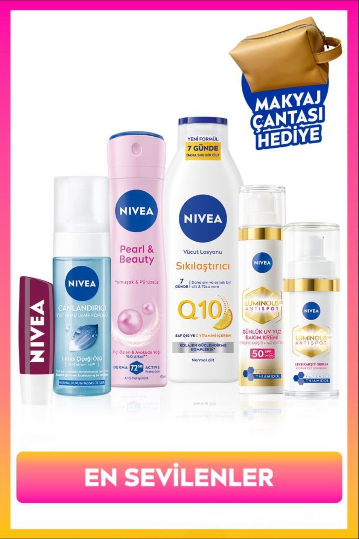 NIVEA Çeyiz Seti,Leke Karşıtı Krem ve Serum,Losyon,Dudak Kremi, Yüz Yıkama Köpüğü,Deodorant, Çanta Hediye — SET.NVE.1358