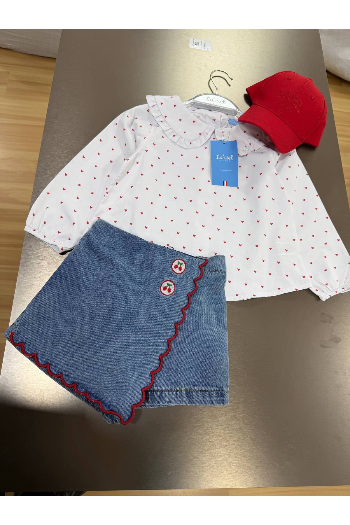 Kız Çocuk Kalp Desenli Gömlek ve Denim Şort Etek Alt Üst Takım - Beyaz