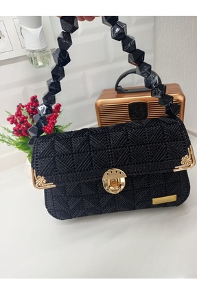 ANGEL LEON DREAM Siyah El Örgüsü Kanvas İşleme Kadın El Çantası Boncuk Askılı...