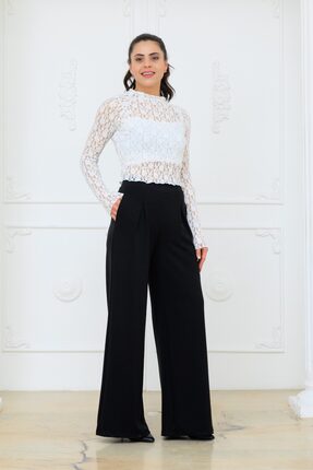 Mash Moda Kadın Siyah Bol Paça Pantolon | Beli Lastikli, Modal Kumaş, Dökümlü...