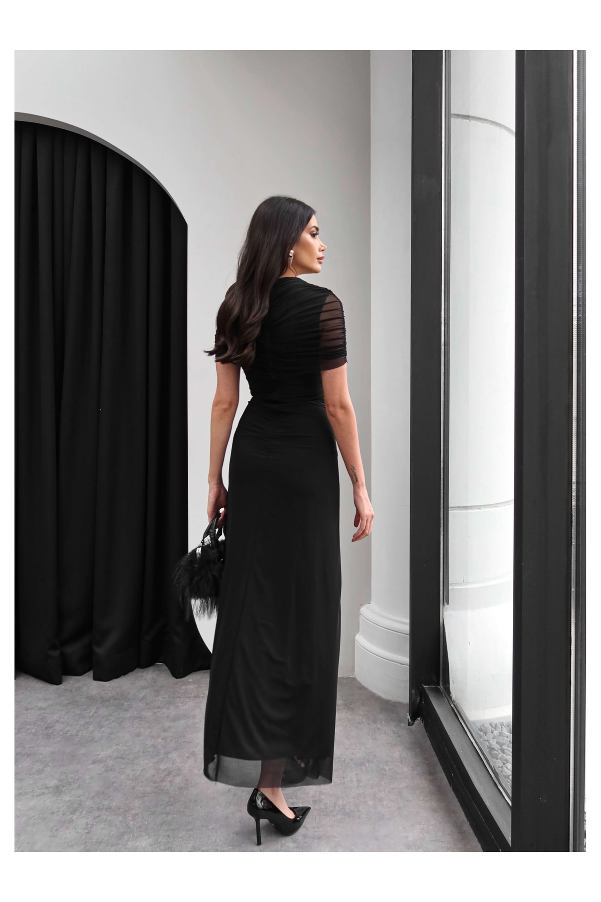 ESRAHELVACI  Boyun Bel Büzgülü Tül Elbise - Görsel 5