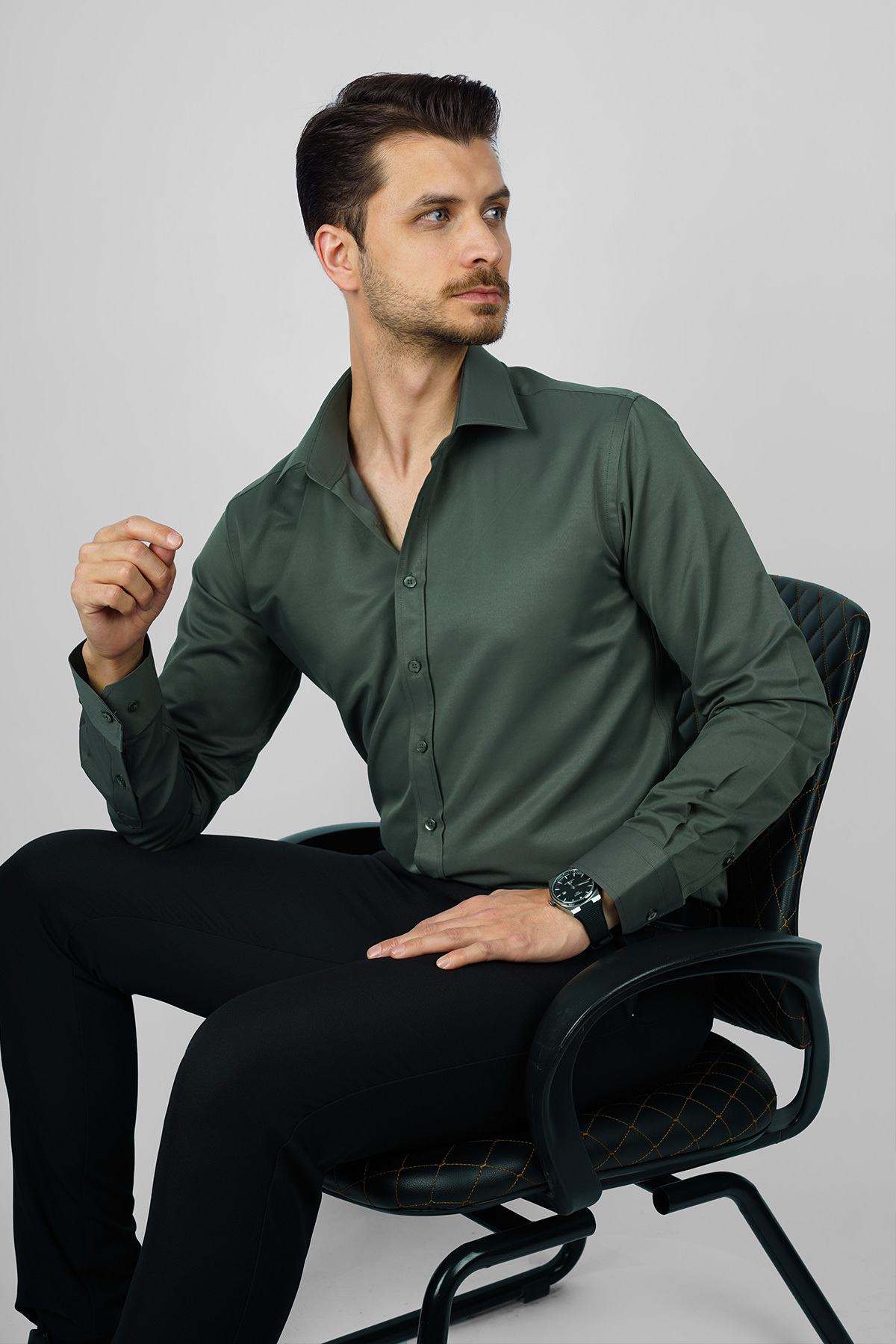 Etikmen Yeşil Saten Slimfit Erkek Gömlek görsel 2